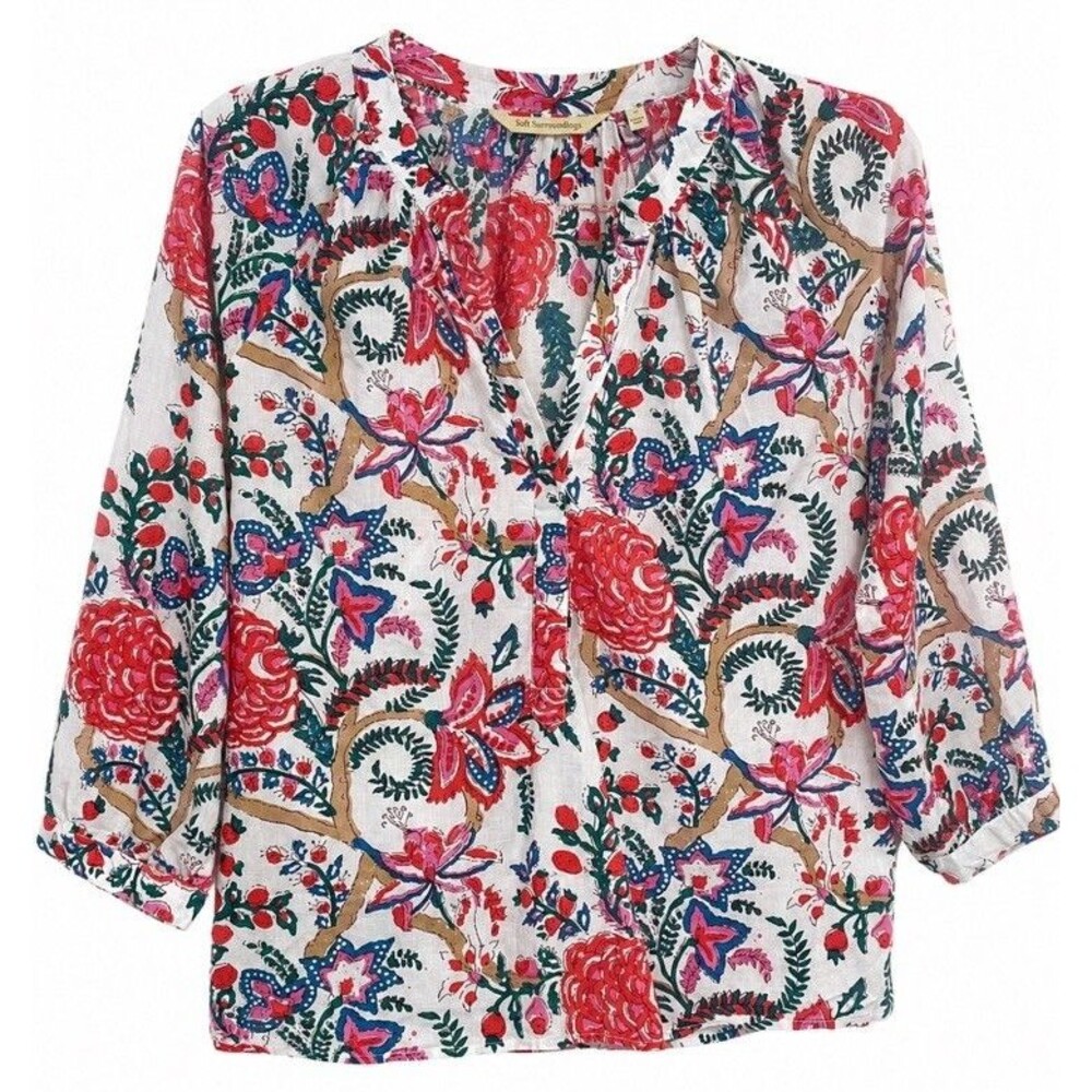 Soft Surroundings Women’s Small Floral Cotton Blouse Boho Tunic 3/4 Sleeve